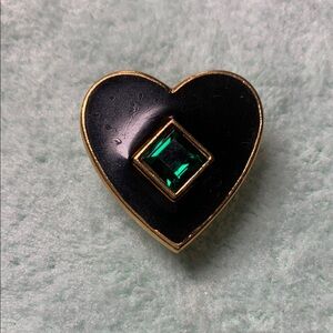 YSL Elegant Black and Gold Heart Brooch with Green Gemstone